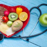 Food on heart plate with stethoscope