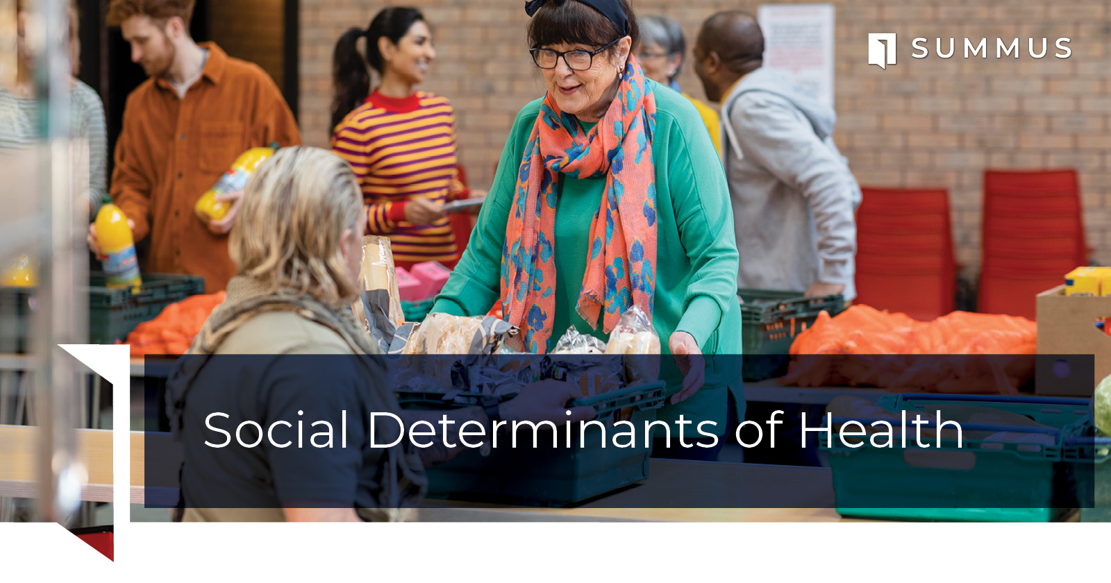 Elderly women picking up food from a food bank due to social determinants of health.