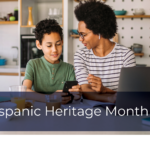 Hispanic mother and teenage son sitting at a kitchen table.