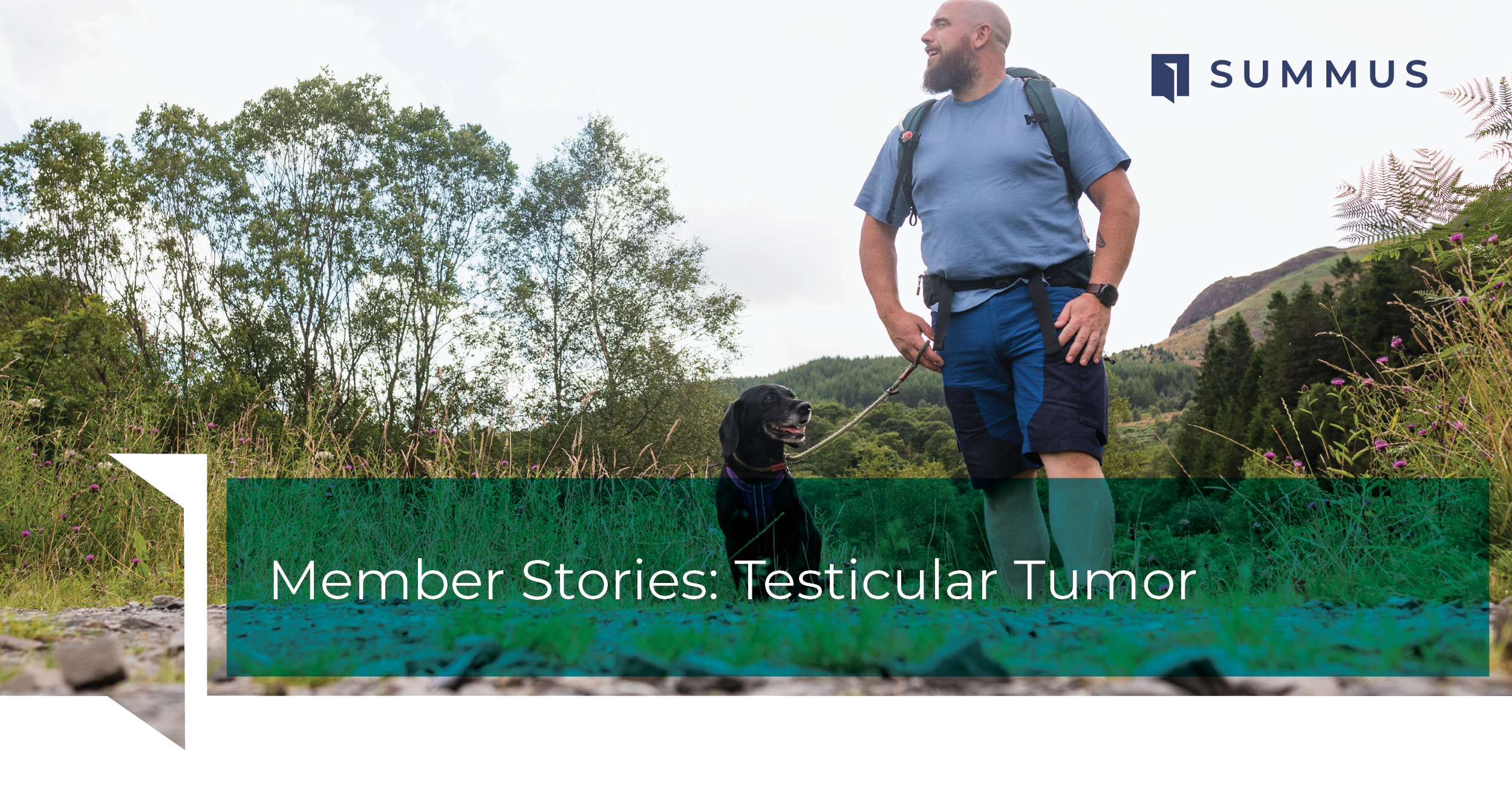 Man on nature walk with his dog, recently diagnosed with a testicular tumor.